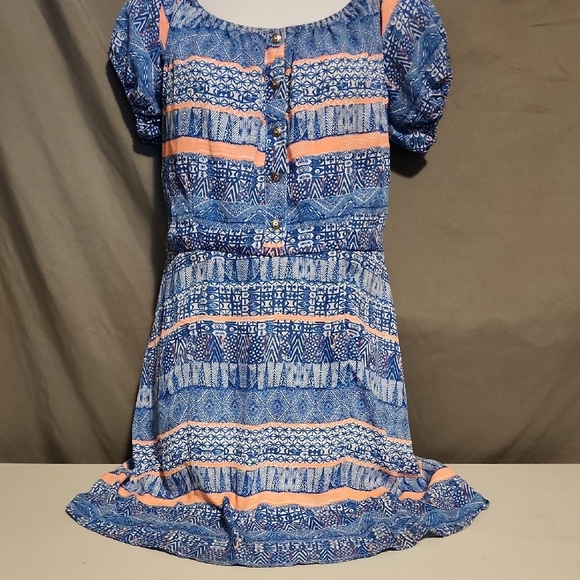 HeartSoul Blue and Orange Puff Sleeve Mini Dress - Picture 1 of 8